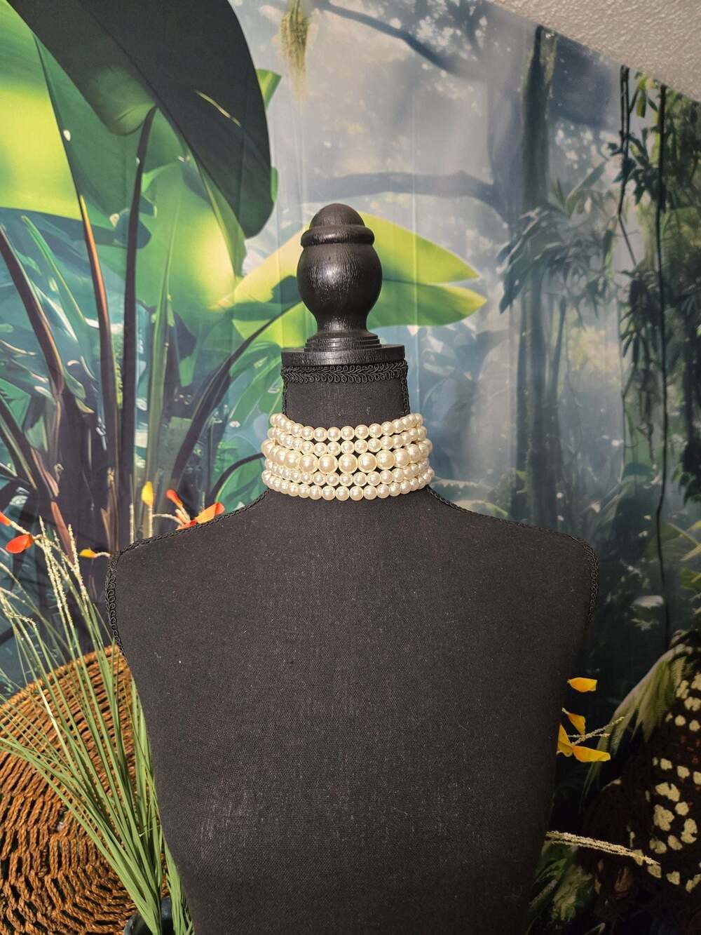 Five-Strand Faux Pearl Choker Collar Necklace with Gold-Tone Hardware
